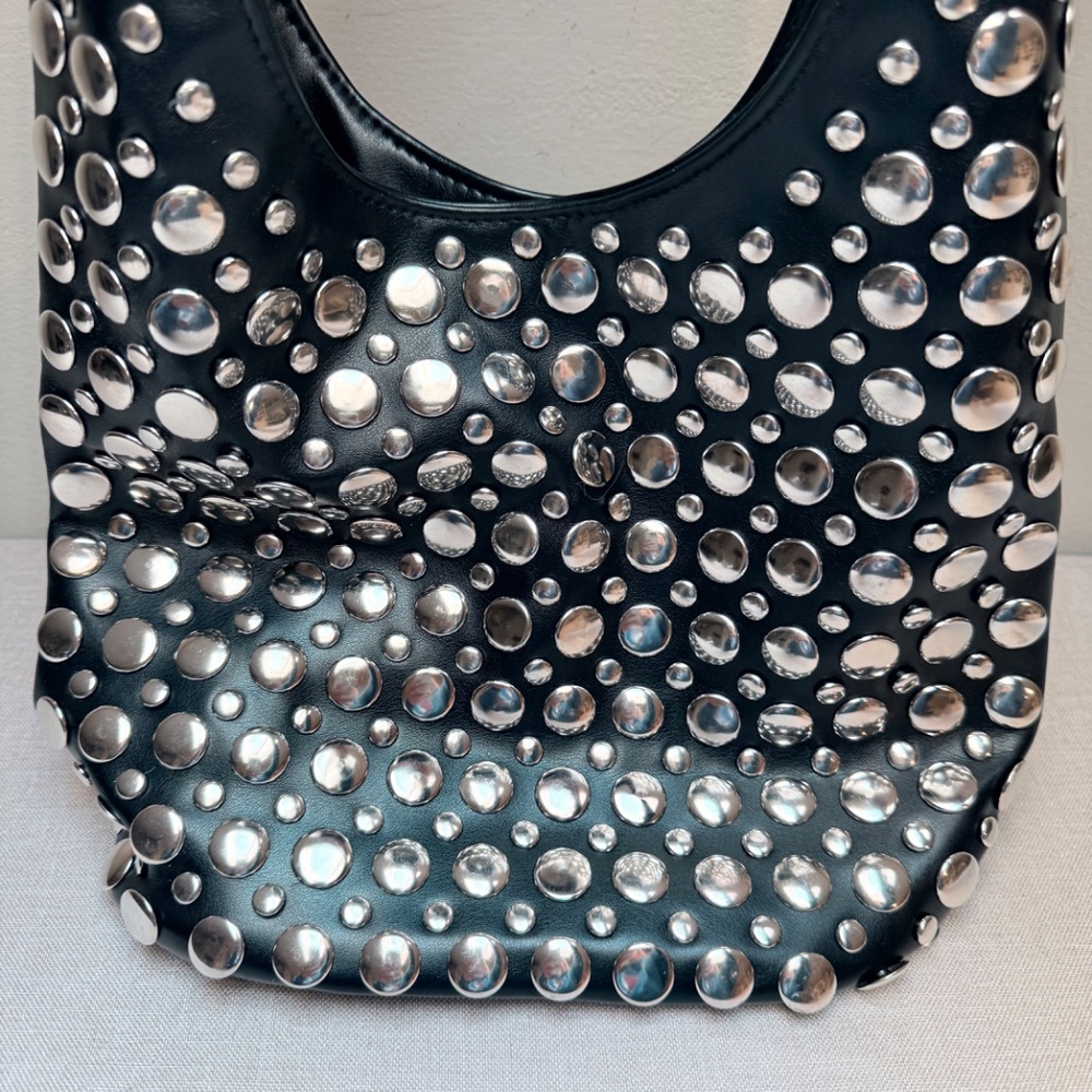 Black Studded Hobo Bag with Silver Accents - Picture 3 of 12